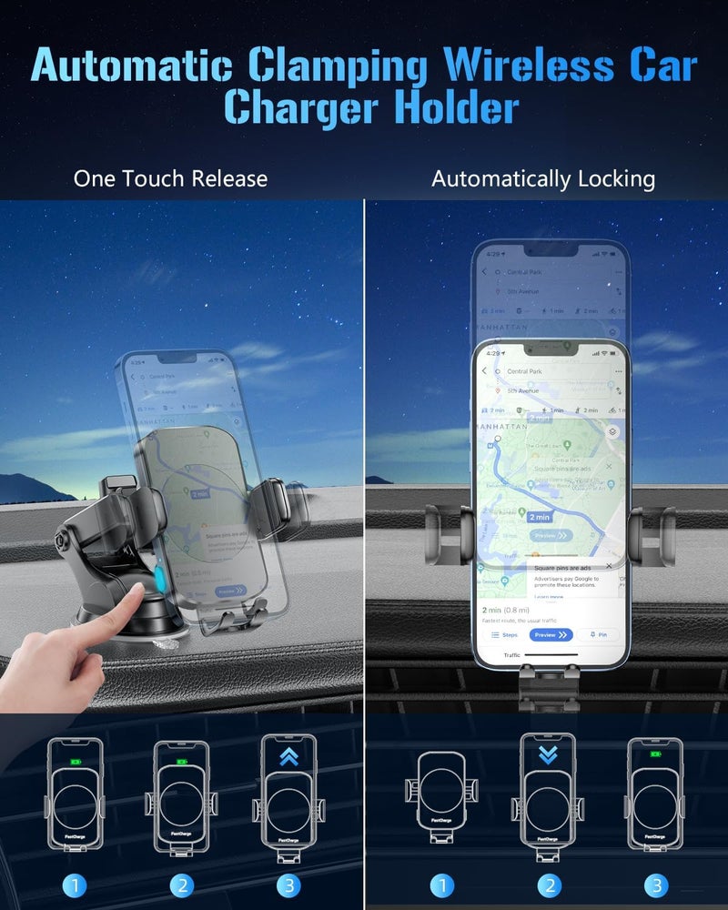 BothLin Wireless Car Charger, Fast Charging Phone Holder 3 in 1 Phone Mount Auto Clamping Car Accessories Compatible with iPhone 17 16 15 14 13 12 11 Xs XR, Samsung S23 Ultra S22 S21 S20/S10+ S9+ Note 9 - Image 4